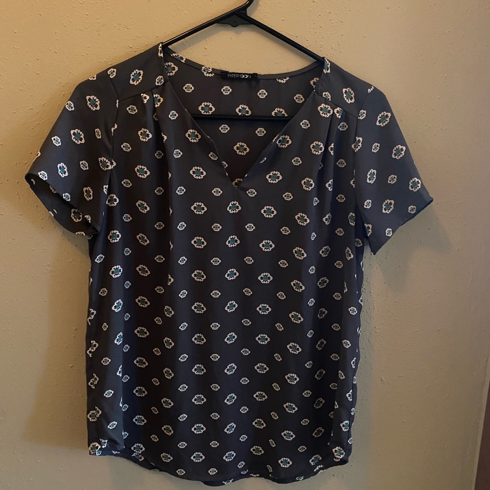 Gray white and teal Papermoon blouse